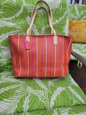 Coach Pink,Orange & Green Striped Tote Bag With Matching Wrislet
